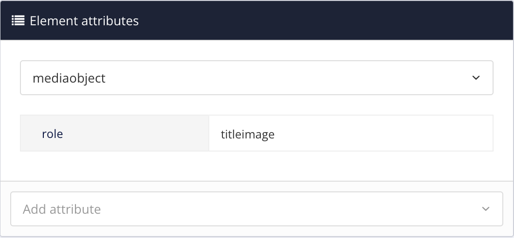 Element attributes section shows the mediaobject element is selected and it has a role attribute with a value of titleimage.