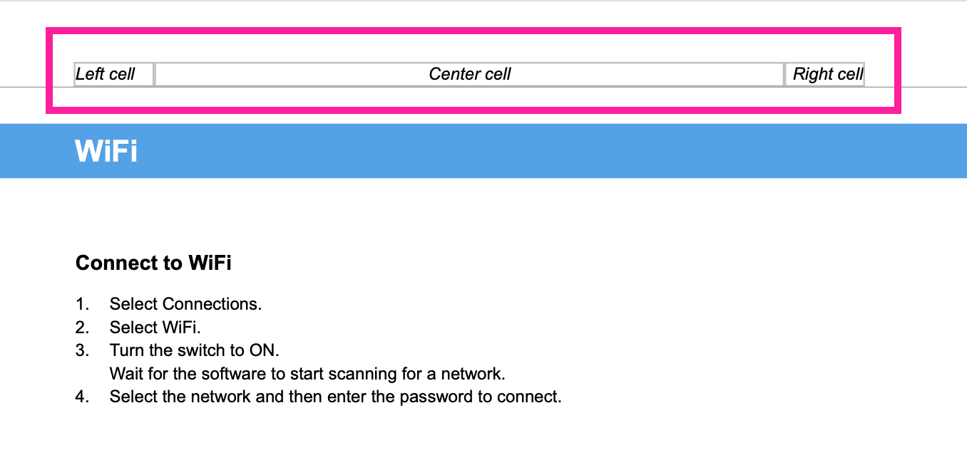 Top part of a page in a PDF output. At the top of the page, above the content, is a 3 column table. This is the header table.
