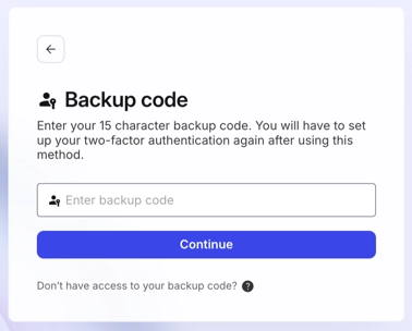 Backup code panel. There is a field for entering your backup code. Below it, there is a continue button.