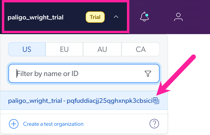 Close up of account name in Coveo. It is selected, revealing a dropdown menu. A callout arrow points to the copy icon next to the link in the list.