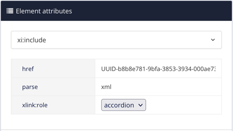 Element attributes panel. The xi:include element is selected. It has an xlink:role attribute with a value set to accordion.