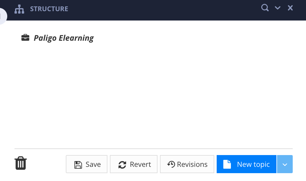 Publication structure shown in Paligo. It is an empty publication as it has no topics yet. The publication is called Paligo elearning. At the bottom, there are buttons for saving, reverting to previous versions, and creating a new topic.