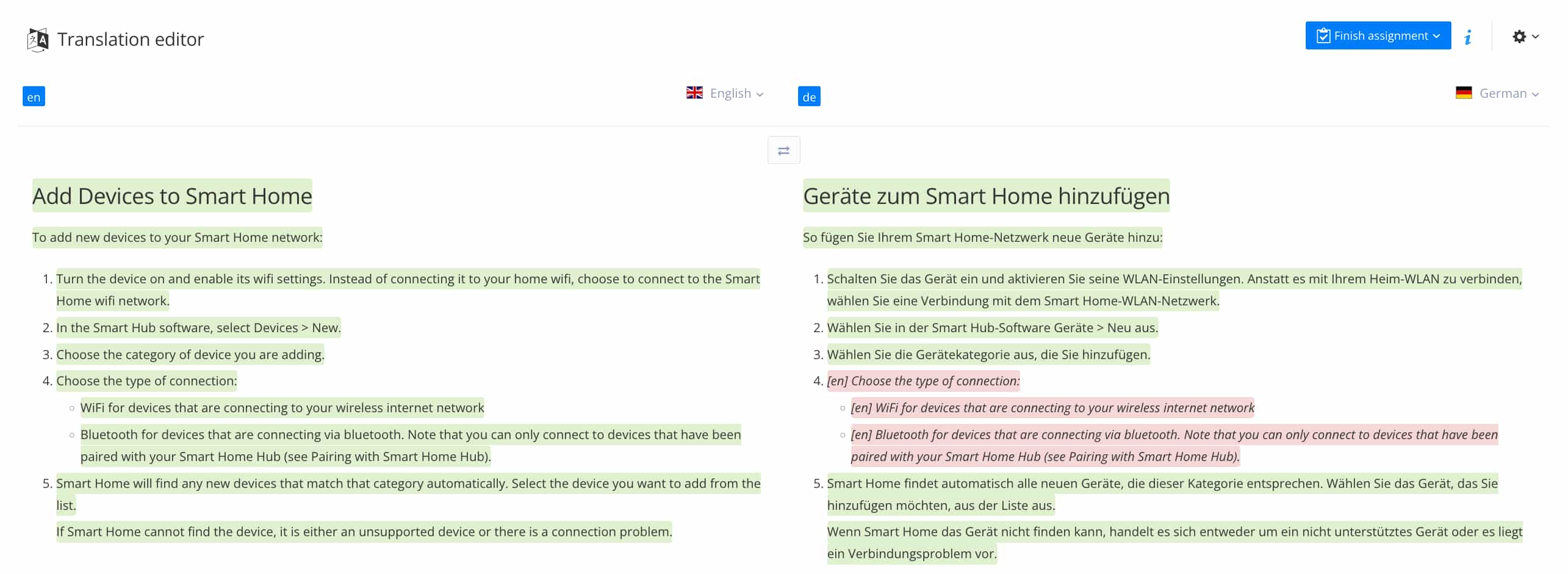 Translation editor shows source language on the left, translation on the right