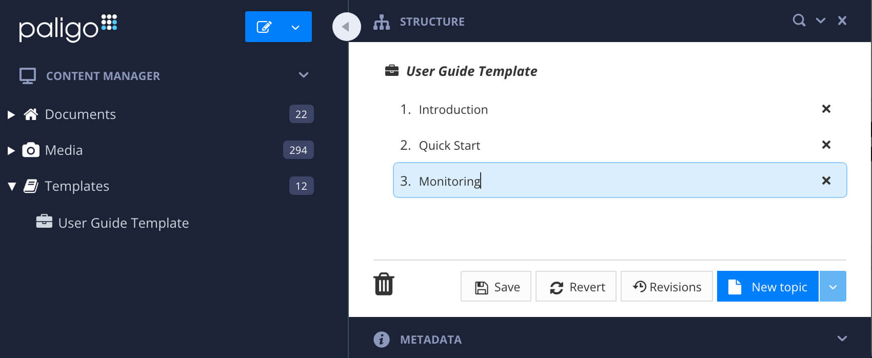 Content Manager sidebar showing the template is selected. The structure dialog is shown next to it, and contains three topics.