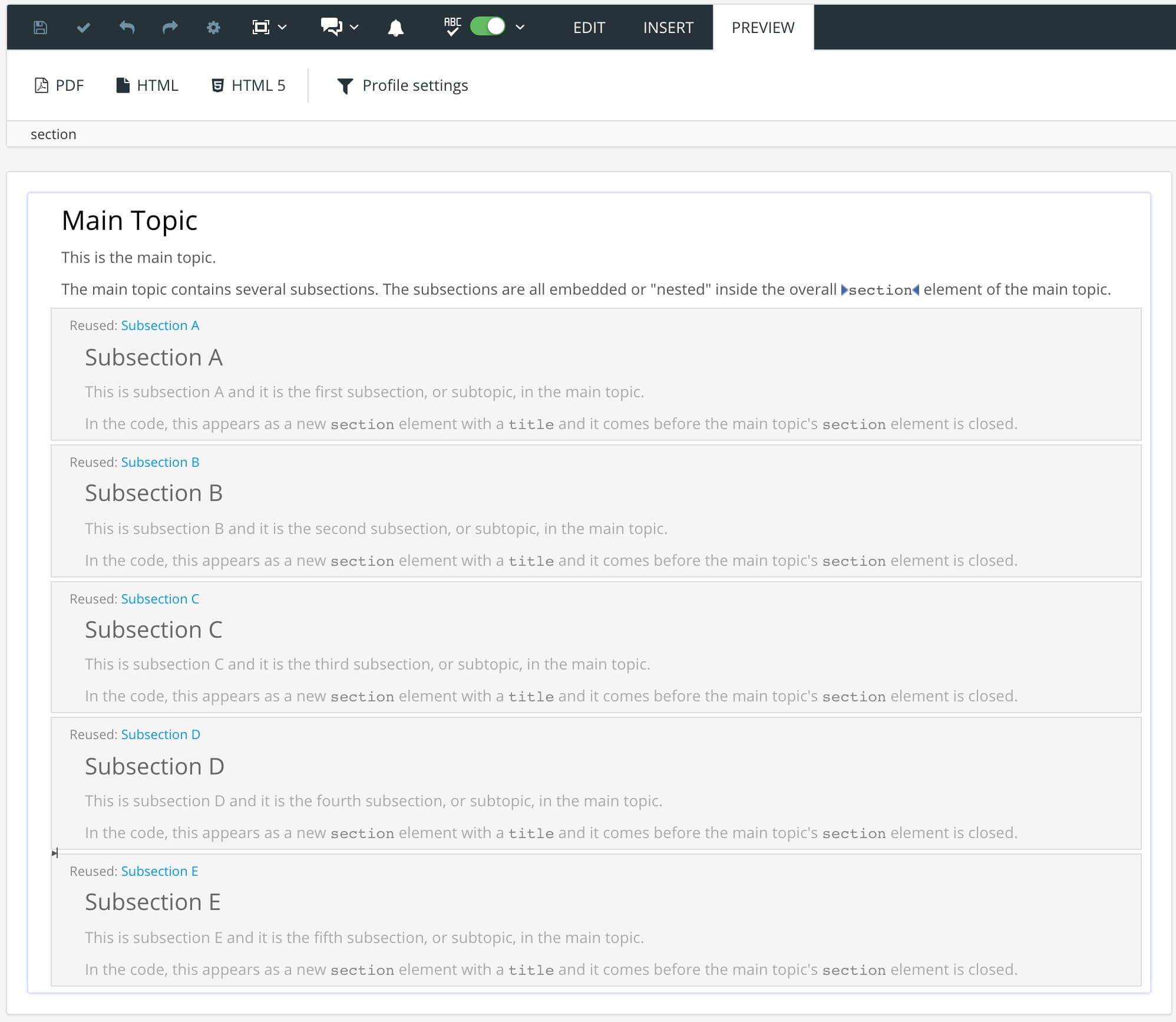 A topic called "Main Topic" shown in Paligo's editor. It contains several subsection topics, "Subsection A", "Subsection B" and so on.