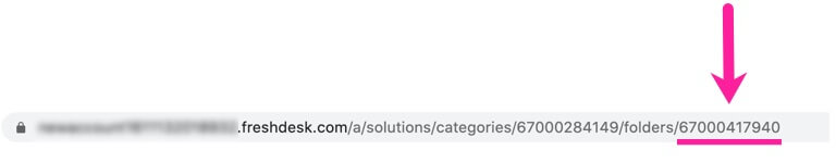 The address bar from a web browser. It shows the URL of a freshdesk instance. Towards the end of the URL, there is folders followed by a forward slash. After the forward slash, there is a number. This number is the Folder ID.