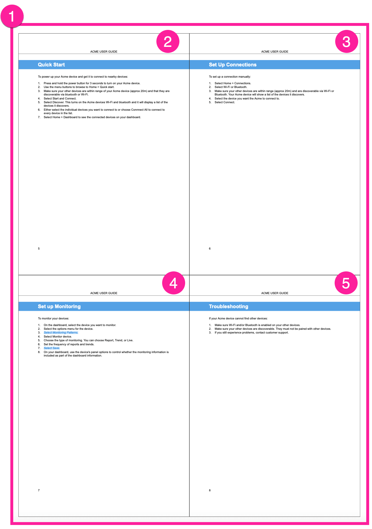 A PDF page (numbered 1). It contains 4 scaled-down pages of Paligo content. These scaled-down pages are numbered 2, 3, 4, and 5 and they are shown in a 2 by 2 grid. Page 2 is in row 1, column 1. Page 3 is in row 1, column 2. Page 4 is in row 2 column 1, and page 5 is in row 2, column 2.