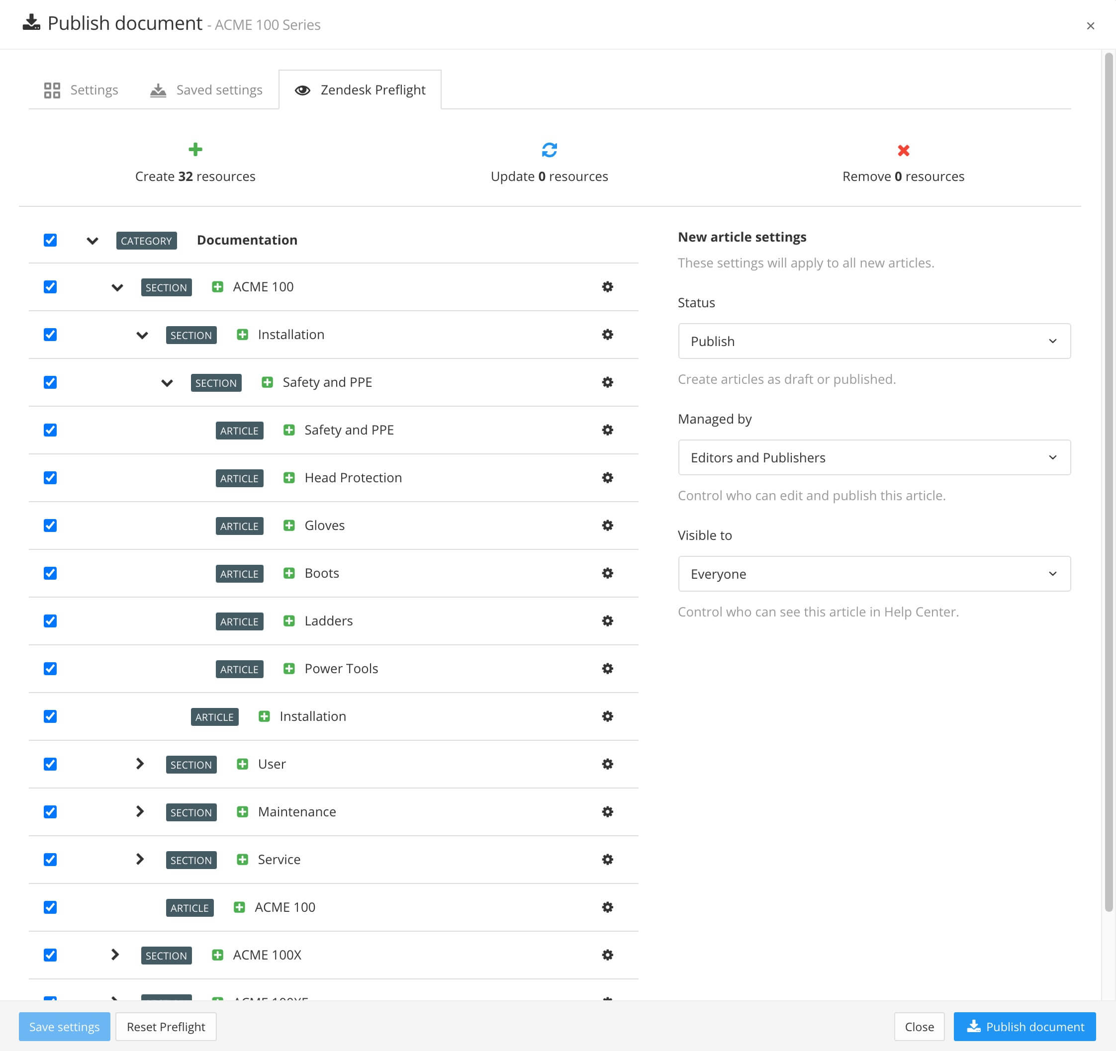 Zendesk Preflight showing the topics in a list on the left with tags that indicate what those topics will be in Zendesk.