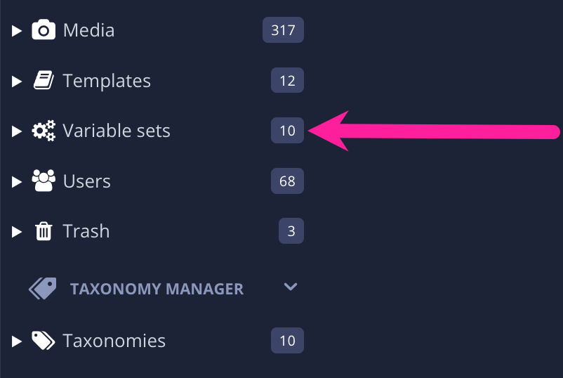 Close up of Content Manager. A callout arrow points at the Variable sets option.