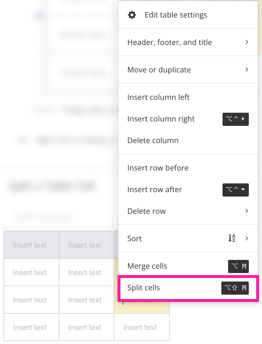 A merged table cell is highlighted. A table editing menu is shown and the split cells option is highlighted.