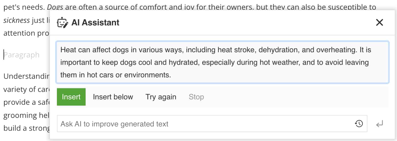 AI Assistant dialog. It shows a suggested paragraph and it has Insert, Insert below, Try again and Stop options.