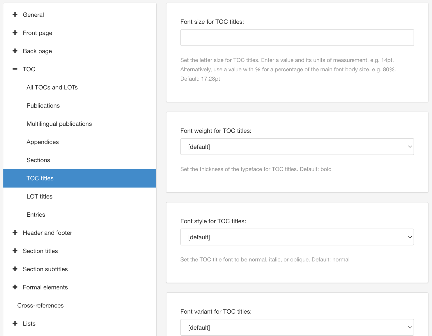 PDF Layout. TOC settings. TOC titles category.