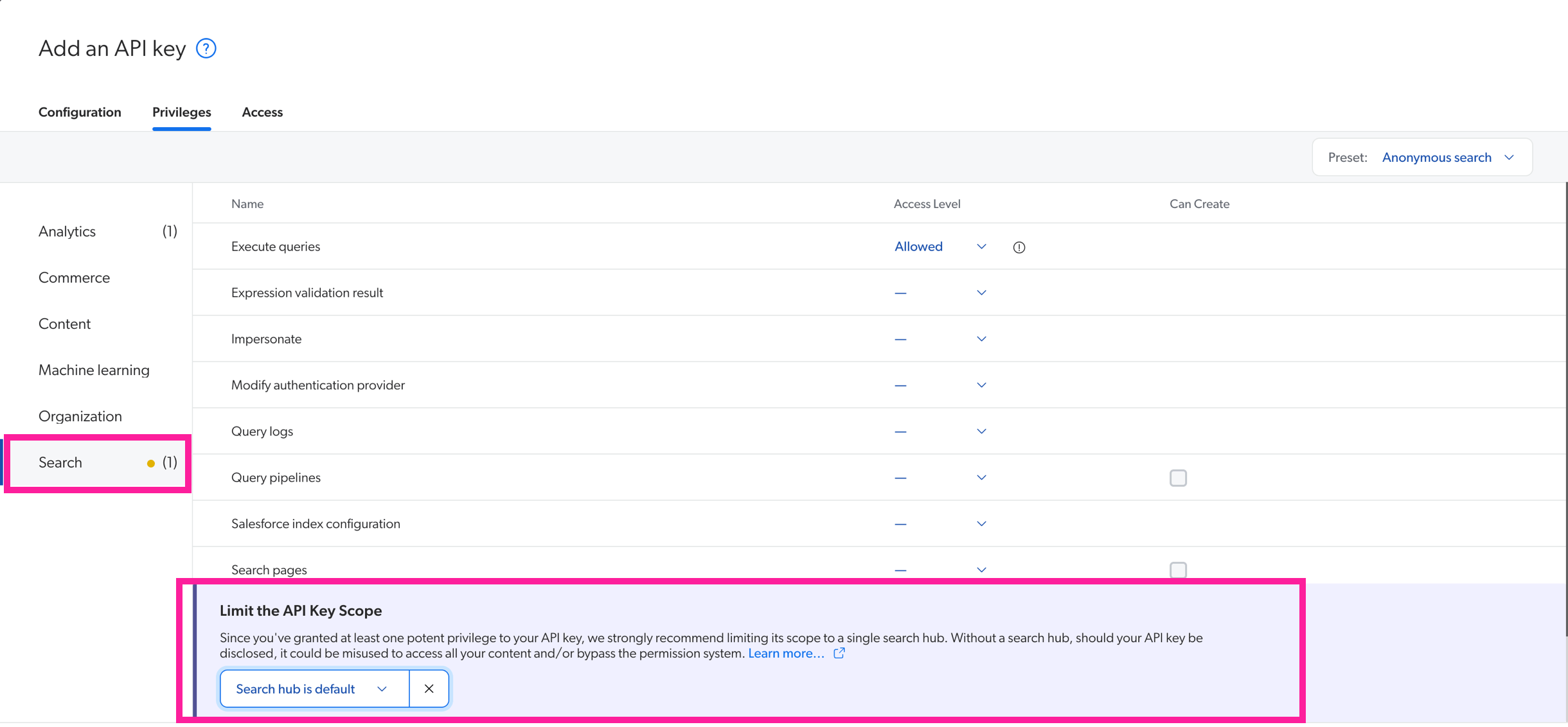 Add an API key dialog in Coveo. Privileges tab is selected. A callout box highlights the Search section. Another callout box highlights the Limit the API Key Scope setting.