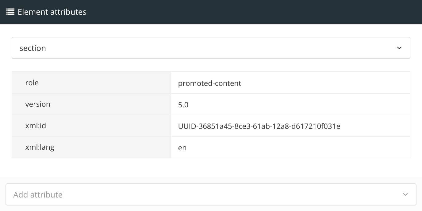Element attributes panel. The section element is selected. The role attribute has the value: promoted-content