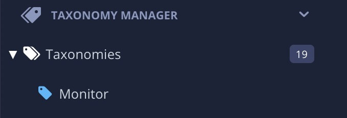 Taxonomy manager section showing the Taxonomies tag has a child tag called "Monitor"