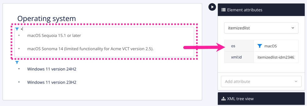 A topic with two itemized lists. Each list has a filter applied to the itemizedlist element. The top list has an os filter attribute with a macOS filter value.