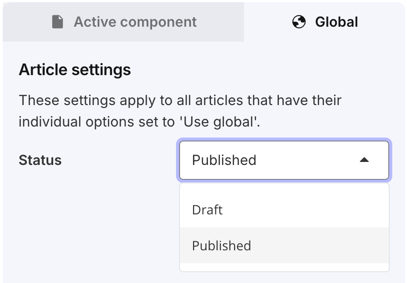 Global tab for a topic. It has a Status setting that has a dropdown menu. The options are Published and Draft.