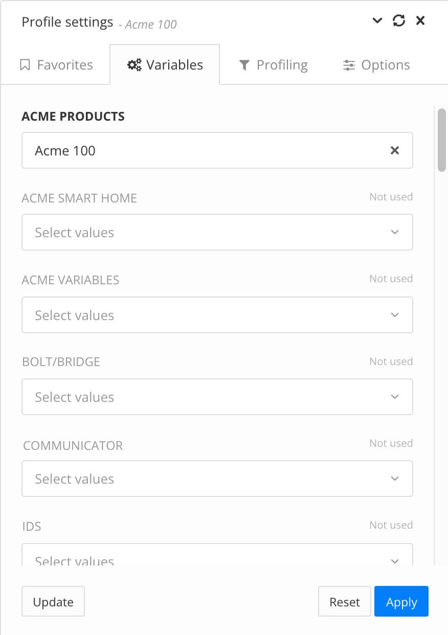 Profile settings dialog. The variables tab is selected, revealing a list of possible variables with fields to select the variant to use.