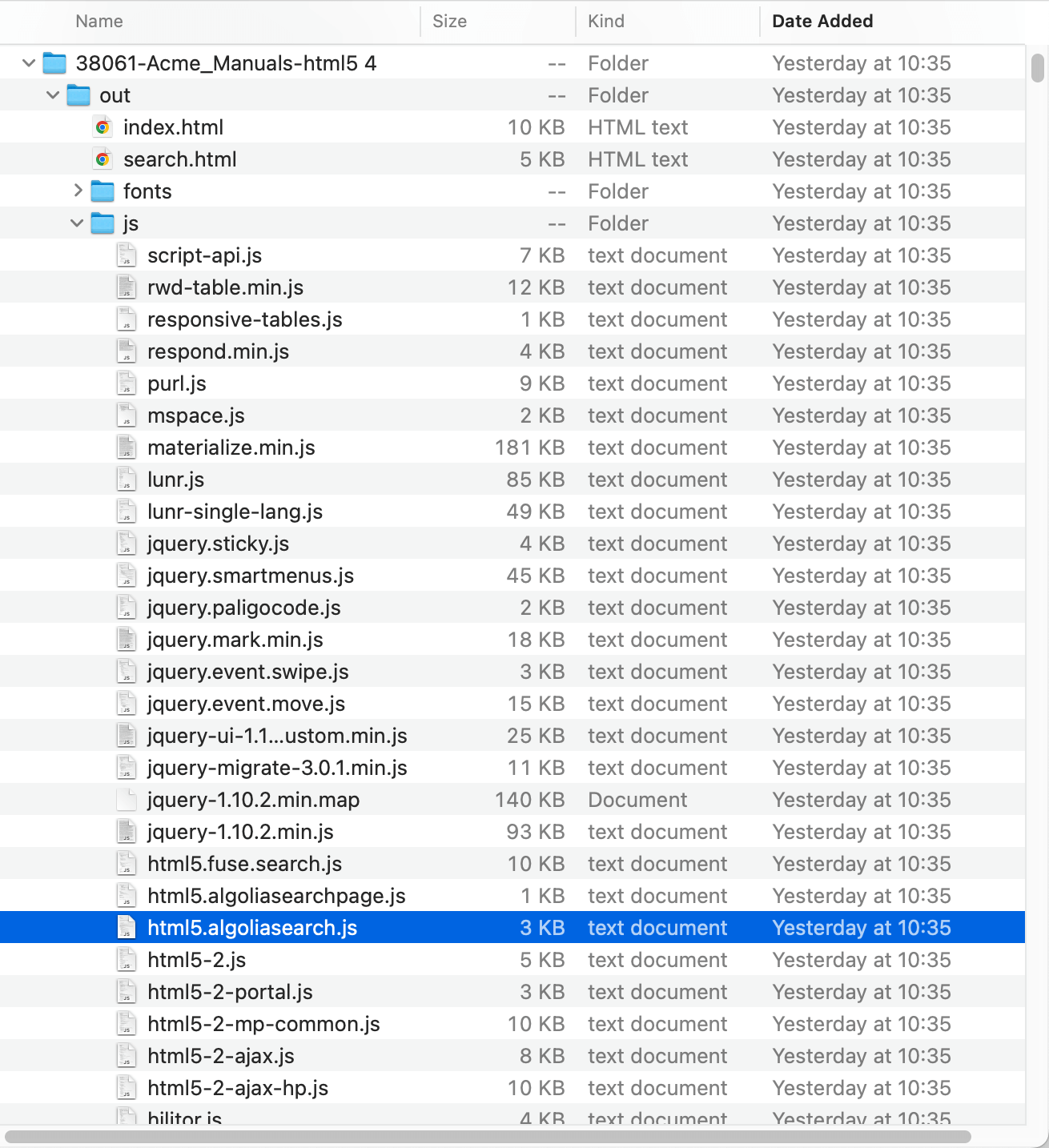 Paligo HTML5 Help Center output folder structure. The js folder is open. Inside it there are many files and the html5.algoliasearch.js file is highlighted.