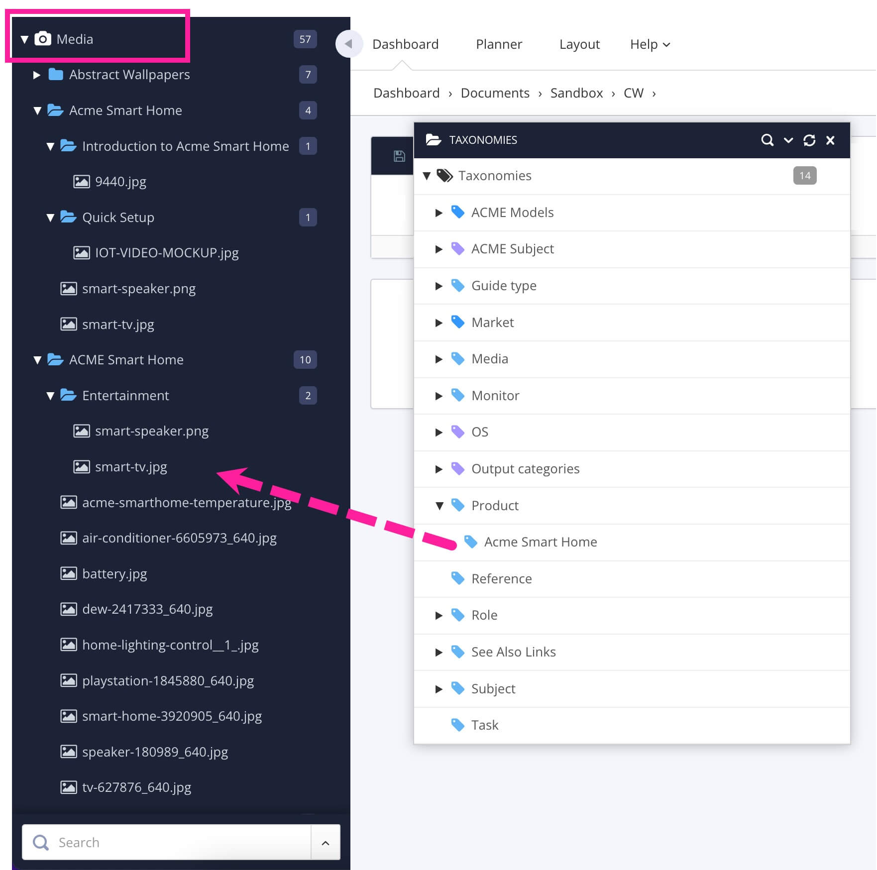 Taxonomies floating content panel. A callout arrow indicates a taxonomy tag being dragged from the floating content panel on to an image. The image is in the Media section of the Content Manager.