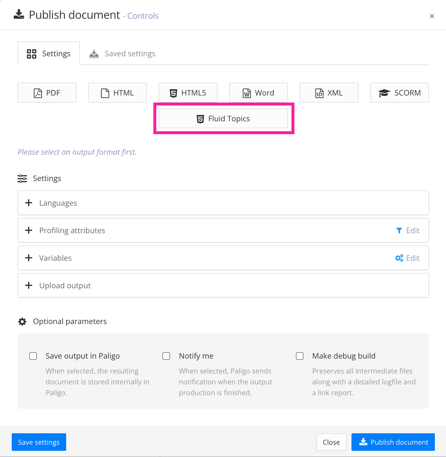 Publish document dialog for publishing to Fluid Topics. There is a Fluid Topics option at the top, as well as settings for languages, profiles, variables, and more.