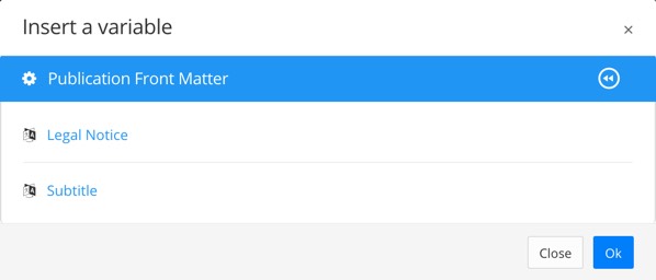 Insert a variable dialog has legal notice and subtitle options.