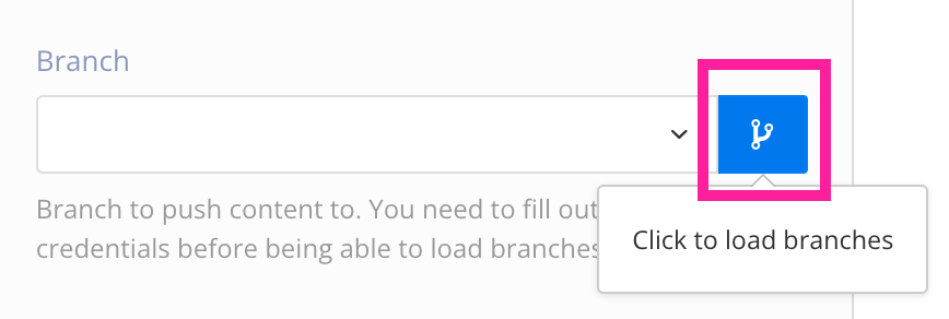 Branch field in the Paligo integrations settings. The branch button at the far right of the field is highlighted.