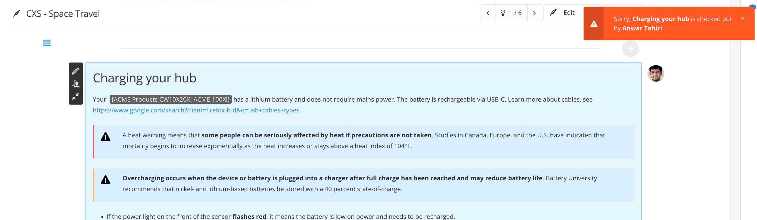 Contributor Editor showing some content in the Edit View. It cannot be accessed. In the top corner, a notification tells you that the document is checked out and shows the name and avatar of the user that is working on it.