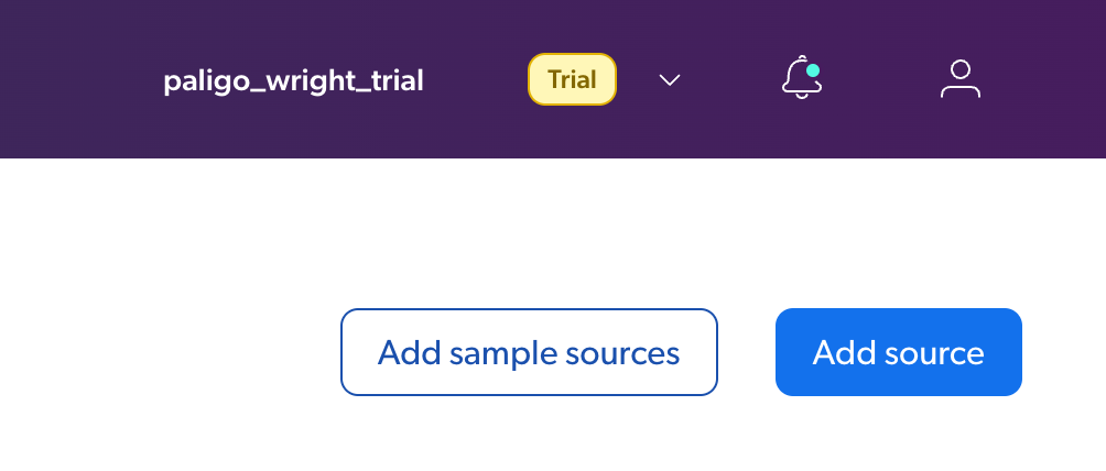 Top corner of Coveo user interface. There is a header with account name, notification bell and user icon. Below that is an add sample sources button and an add source button.
