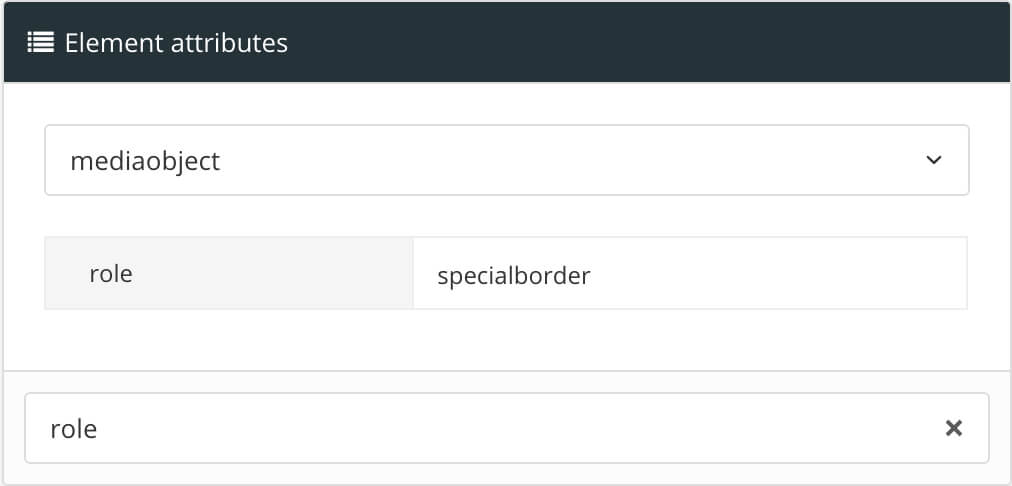 Element attributes section shows that the mediaobject element is selected. It has been given the role attribute with a value of specialborder