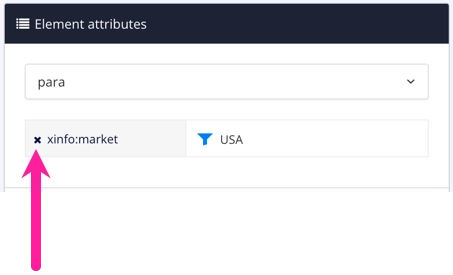 Element attributes panel. The panel shows that a para element is selected and it has the xinfo:market attribute with a value of USA. A callout arrow points to the cross that is next to xinfo:market.