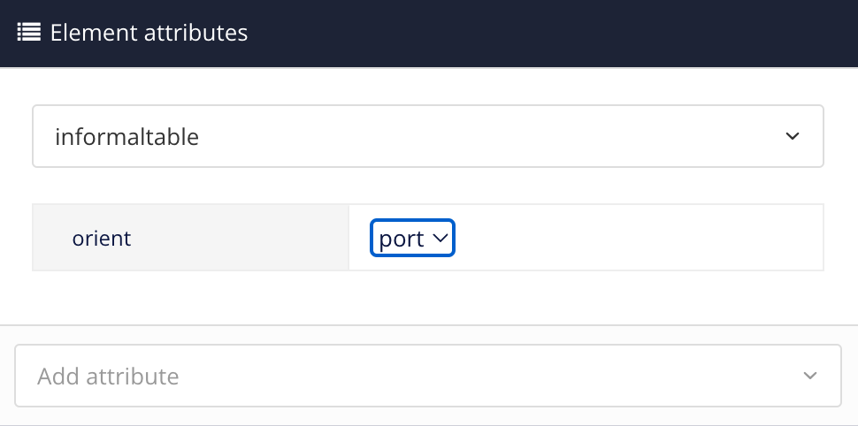 Element attributes panel. The informaltable element is selected. It has an orient attribute and the orient value is set to port.