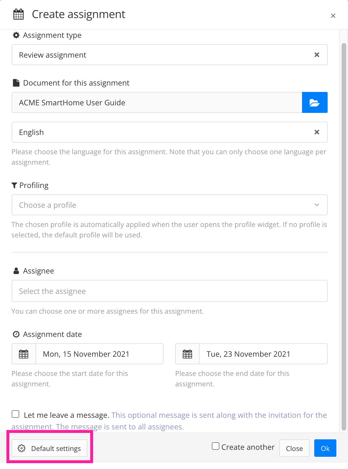 Create assignment dialog. A callout box surrounds the Default settings button in the bottom left corner.