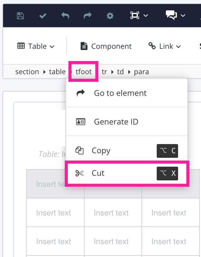 Element structure menu. The tfoot element is selected revealing a menu and the cut option is highlighted.