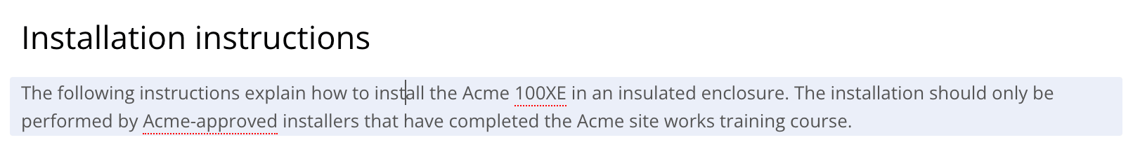 Content in the Paligo editor. A paragraph is highlighted light blue to show that it is the currently selected element.