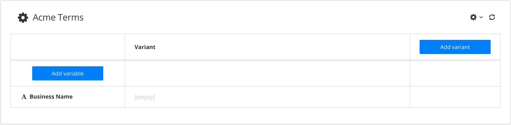 New Variable Set with a variable added to it. The variable is called Business Name and it is in the left column of a 3 column table.