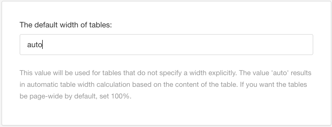 PDF Layout editor. Default width of tables setting. It has its value set as auto.