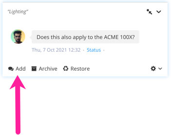 Comments section. A callout arrow points to the Add option below a comment.