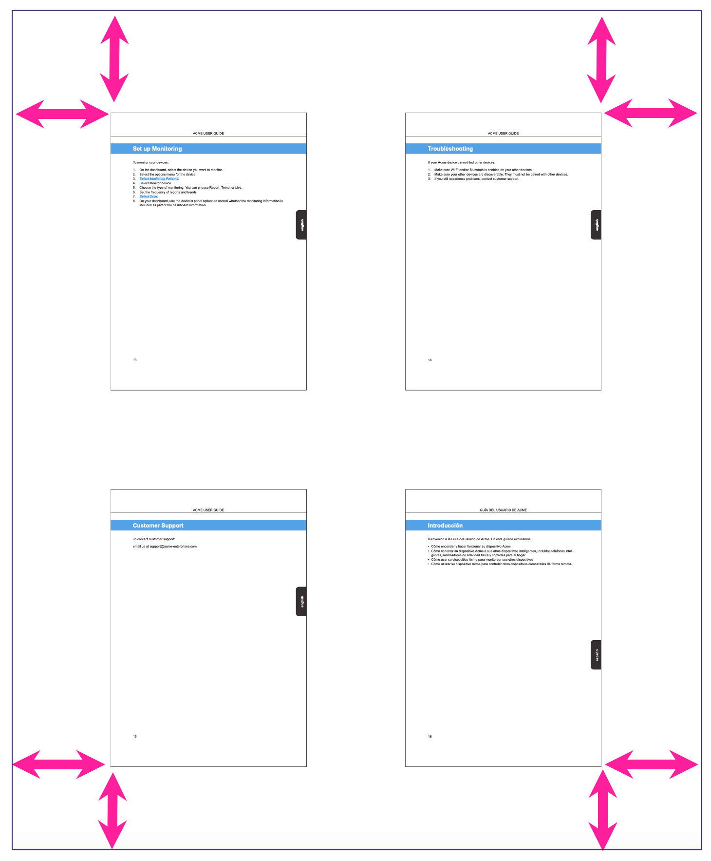 A PDF booklet page. It has an inner margin of white space and then 4 scaled-down pages shown in a 2 by 2 grid.