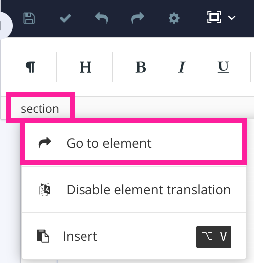 Close-up of element structure menu. The section element is selected revealing a menu. The go to element option is highlighted in the menu.