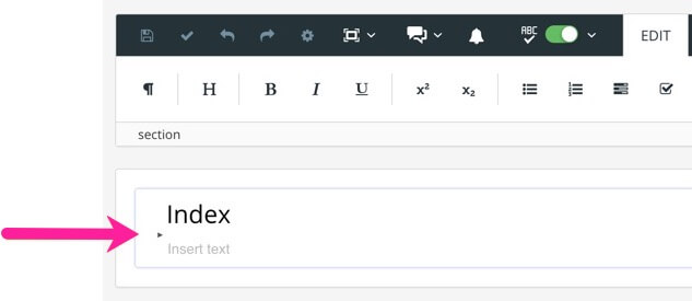 Index topic with cursor positioned below the title but above the first paragraph.