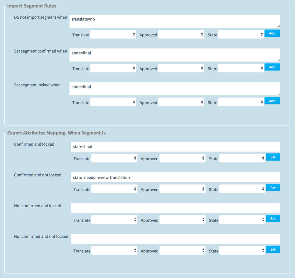 Translation software settings for Import Segment Rules and Export Attributes Mapping