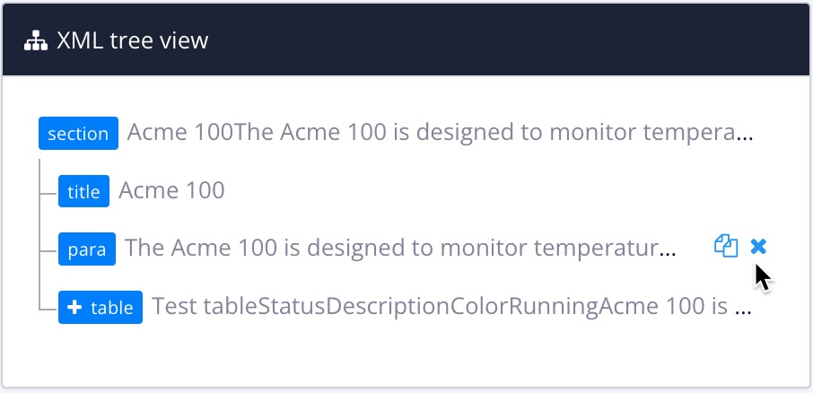 XML Tree View showing the structure of a topic. There is a section at the top level. Inside that, there is a title, para, and a table. The cursor is on the para element and there is a copy icon and a delete icon.