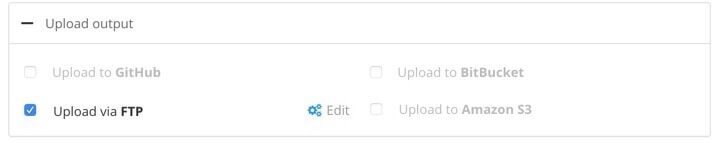 The upload output settings on the publish document dialog. There are options for uploading to GitHub, Bitbucket, Amazon Web Services S3, and via FTP. FTP is selected.