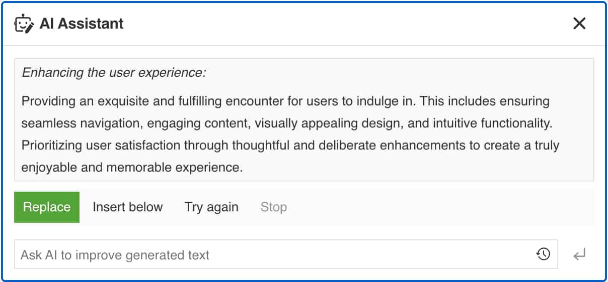 AI Assistant dialog. It has a suggested paragraph and options for Replace, Insert below, Try again, and Stop.