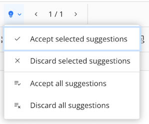 Suggestion options icon is selected in the toolbar. It reveals a menu that contains options, including options for "accept selected suggestions" and "Discard selected suggestions".