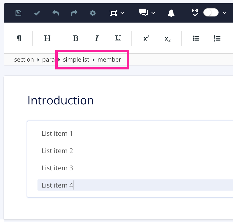 Close up of Element Structure Menu. It shows section, para, simplelist, member in order from left to right. A callout box highlights simplelist and member. In the topic below, there is a list of 4 items, 1 item on each line.