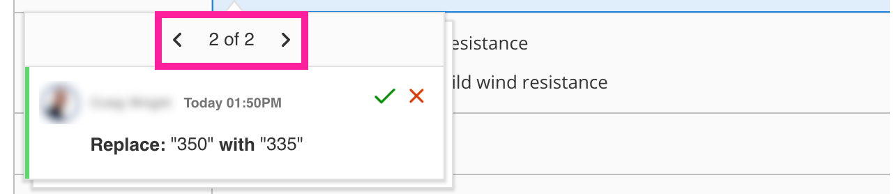 Context menu for a suggestion in the same table. It shows the icons for accepting or rejecting a suggestion. At the top there are back and forward buttons with "2 of 2"