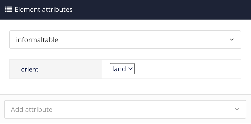 Element attributes panel. The informaltable element is selected. It has an orient attribute and the orient value is set to land.