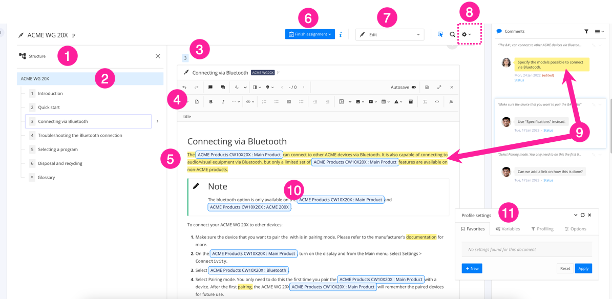 Screenshot of the Edit View with labels, numbered from 1 to 11 for each part of the user interface.